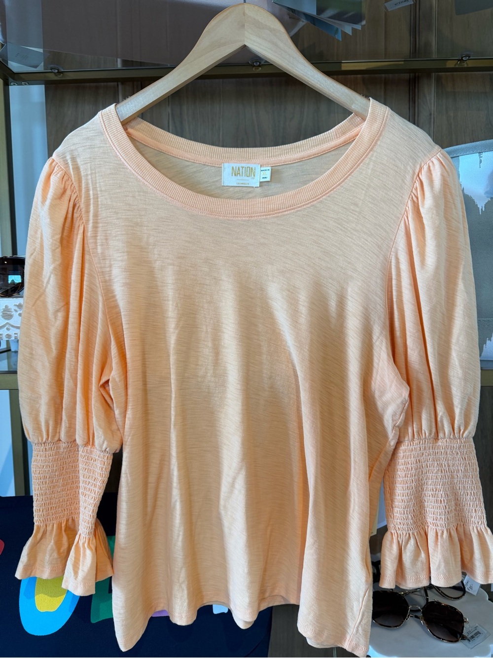 Nation LTD Peach Puff Puff-Sleeve Smocked Cuff Top
